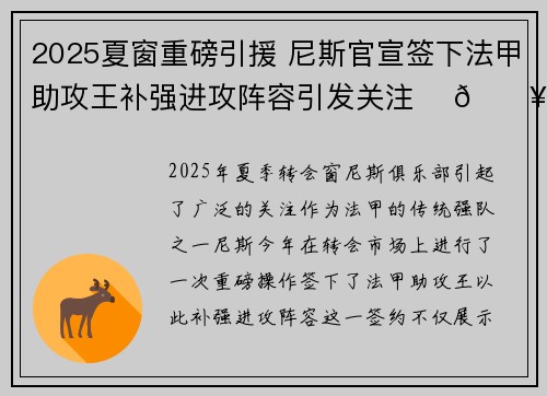 2025夏窗重磅引援 尼斯官宣签下法甲助攻王补强进攻阵容引发关注 ⚽🔥